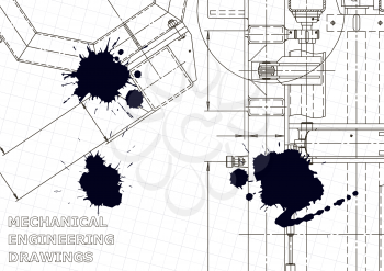 Vector engineering illustration. Mechanical engineering drawing. Instrument-making drawings. Black Ink. Blots. Technical illustrations, backgrounds