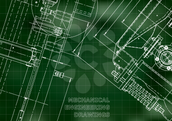 Vector illustration. Computer aided design system. Instrument-making. Green background. Grid