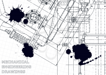 Vector illustration. Instrument-making. Computer aided design system. Black Ink. Blots