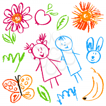 Children's drawings. Elements for the design of postcards, backgrounds, packaging. Prints for clothes. Drawing of wax crayons on a white background. Children, rabbit, flower, butterfly, banana