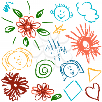 Children's drawings. Elements for the design of postcards, backgrounds, packaging. Prints for clothes. Drawing of wax crayons on a white background. Face, flower, sun, clouds