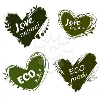Doodle logos. I love organic. Vector illustration for menu of restaurants, packaging, advertising. Set of logos, icons, design elements. Natural food, organic food, veggie