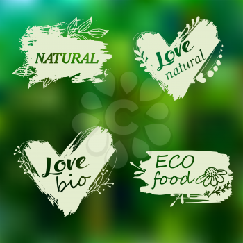 Doodle logos. I love organic. Vector illustration for menu of restaurants, packaging, advertising. Set of logos, icons, design elements. Natural food, organic food, veggie food. Healthy food