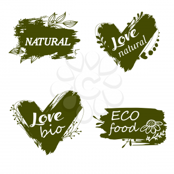 Doodle logos. I love organic. Vector illustration for menu of restaurants, packaging, advertising. Set of logos, icons, design elements. Natural food, organic food, veggie food. Healthy food label. Hand drawing