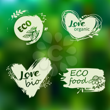 Doodle logos. Vector illustration for menu of restaurants, packaging, advertising. Set of logos, icons, design elements. Natural food, organic food, veggie food. Healthy food label. Hand drawing