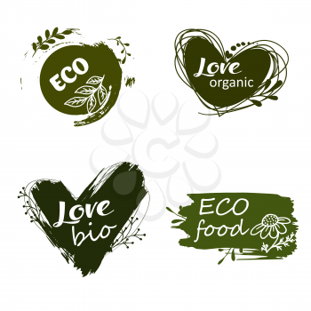 Doodle logos. Vector illustration for menu of restaurants, packaging, advertising. Set of logos, icons, design elements. Natural food, organic food, veggie food. Healthy food label. Hand drawing. Bio, organic