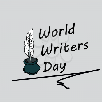 Festive pattern. World Writer Day. Postcard, banner, flyer. Gray background. Doodle drawing