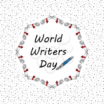 Festive pattern. World Writer Day. Postcard, banner, flyer. Greeting card. Doodle drawing. Hand drawing. Scrolls
