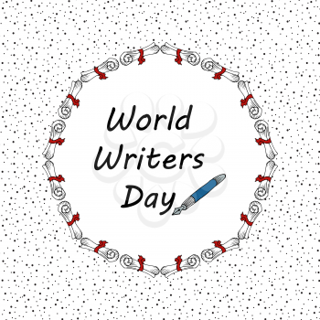 Festive pattern. World Writer Day. Postcard, banner, flyer. Greeting card. Doodle. Hand drawing. Scrolls
