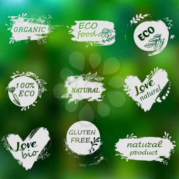 I love organic. Vector illustration for menu of restaurants, packaging, advertising. Set of logos, icons, design elements. Doodle logos. Natural food, organic food, veggie food. Healthy