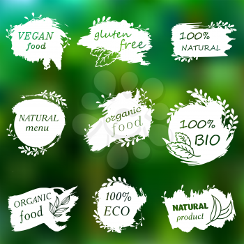 I love organic. Vector illustration for menu of restaurants, packaging, advertising. Set of logos, icons, design elements. Doodle logos. Natural food, organic food, veggie food. Healthy food label. Hand drawing. Bio