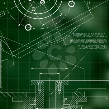 Mechanics. Technical design. Engineering style. Mechanical instrument making. Green background. Grid