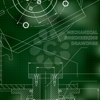 Mechanics. Technical design. Engineering style. Mechanical instrument making. Green background. Points