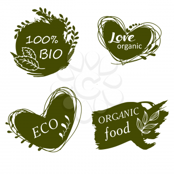 Set of logos, icons, design elements. Natural food, organic food, veggie food. Healthy food label. Doodle logo