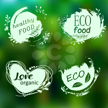 Set of logos, icons, design elements. Natural food, organic food, veggie food. Healthy food label. Doodle logos