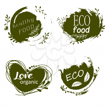 Set of logos, icons, design elements. Natural food, organic food, veggie food. Healthy food label. Doodle logos. Hand drawing Bio
