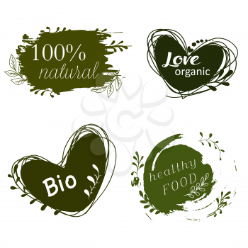 Set of logos, icons, design elements. Natural food, organic food, veggie food. Healthy food label. Doodle logos. Hand drawing. Bio, organic, gluten free. Vector illustration for menu of restaurants, packaging