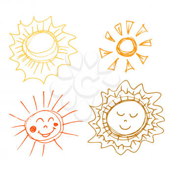 Sun. A set of handmade drawings. Elements for the design of postcards, background, packaging. Printing for clothing