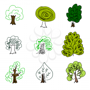 Trees. A set of handmade drawings. Elements for the design of postcards, backgrounds, packaging. Printing for clothing. Doodle drawing