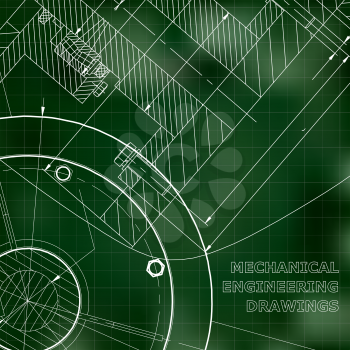 Backgrounds of engineering subjects. Technical illustration. Mechanical. Green background. Grid