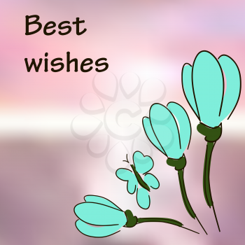 Best wishes. Doodle flowers and butterflies. Greeting card, banner, flyer
