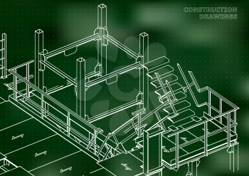 Building. Metal constructions. Volumetric constructions. Green background. Points