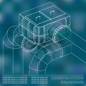 Drawings of steel structures. Pipes and pipe. 3d blueprint of steel structures. Blue background