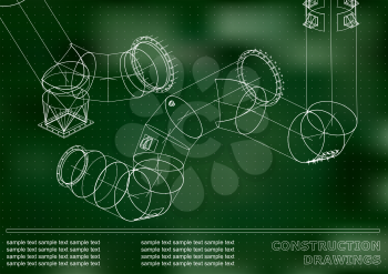 Drawings of steel structures. Pipes and pipe. 3d blueprint of steel structures. Cover, background for your design. Green background. Points