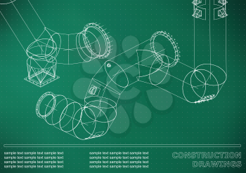 Drawings of steel structures. Pipes and pipe. 3d blueprint of steel structures. Cover, background for your design. Light green background. Points