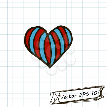 Heart in stripes. Style of children's drawing. Doodle drawing on a sheet of notebook