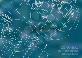 Mechanical Engineering drawing. Blueprints. Mechanics. Cover. Engineering design, instrumentation. Blue background