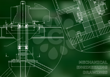 Mechanical engineering. Technical illustration. Backgrounds of engineering subjects. Technical design. Instrument making. Cover, banner, flyer, Green background. Corporate Identity