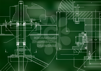 Mechanical engineering. Technical illustration. Backgrounds of engineering subjects. Technical design. Instrument making. Cover, banner. Green background