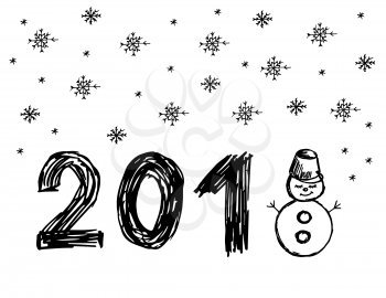 Snowman. It's snowing. Snowflakes. Winter illustration. Hand drawing. Doodle image. Happy New Year 2018