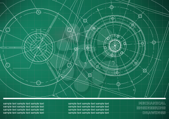 Vector Mechanical engineering drawings on a Light green background. Grid. Background for inscription