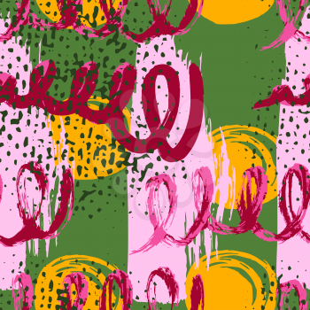 Abstract seamless pattern with trendy hand drawn textures, spots, brush. Modern shapes and textures for paper, fabrics. Gypsy, Brazilian colorful style