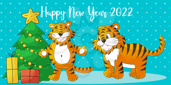 Astrological Symbol of 2022. Long New Year card in hand-draw style. Christmas tree, gifts. Two tigers. Cartoon illustration for postcards, calendars, posters
