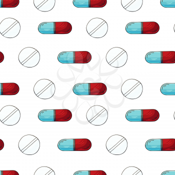 Cartoon medical drugs in hand draw style. Seamless pattern on a white background. Background for packaging, advertising