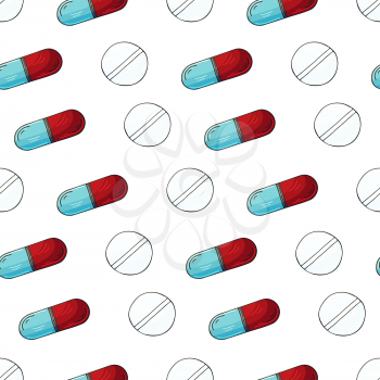 Cartoon medical drugs in hand draw style. Seamless pattern on a white background. Background for packaging, advertising of tablets, capsules