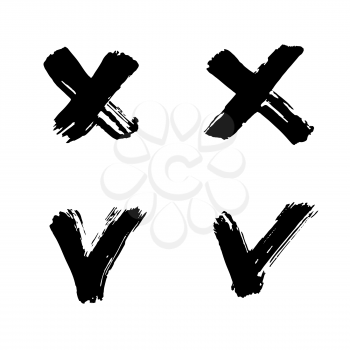 Checkmark and cross icons set. Hand drawing paint, brush drawing. Isolated on a white background. Doodle grunge style icon