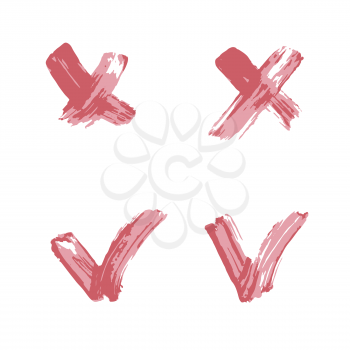 Checkmark and cross icons set. Hand drawing paint, brush drawing. Isolated on a white background. Doodle grunge style icon. Outline icon, cartoon illustration