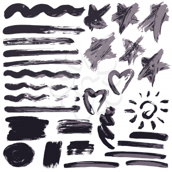 Collection of black ink, ink, brush strokes, brushes, lines, grungy. Waves, circles. Dirty elements of decoration, boxes frames Vector illustration Freehand