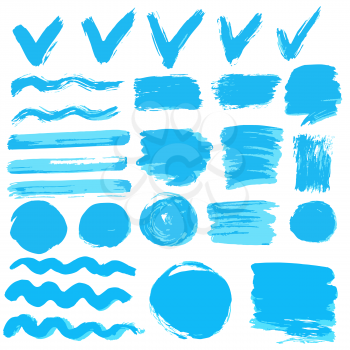 Collection of blue paint, ink, brush strokes, brushes, lines, grungy. Waves circles Dirty elements of decoration