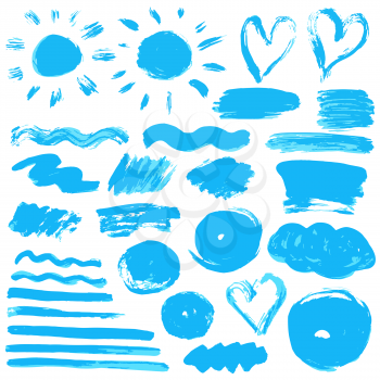 Collection of blue paint, ink, brush strokes, brushes, lines, grungy. Waves, circles Dirty elements of decoration boxes