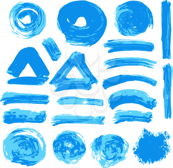 Collection of blue paint, ink, brush strokes, brushes, lines, grungy. Waves, circles, Dirty elements of decoration boxes frames Vector illustration