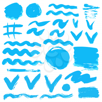 Collection of blue paint, ink, brush strokes, brushes, lines, grungy. Waves, circles, Dirty elements of decoration, boxes frames Vector illustration Freehand