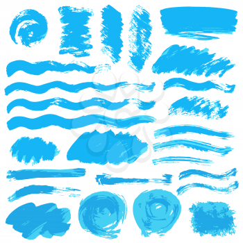 Collection of blue paint, ink, brush strokes, brushes, lines, grungy. Waves, circles. Freehand drawing Dirty elements of decoration boxes frames
