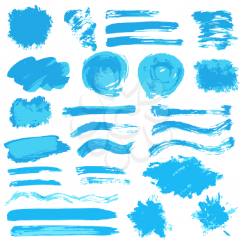 Collection of blue paint, ink, brush strokes, brushes, lines, grungy. Waves, circles. Freehand drawing, Dirty elements of decoration boxes frames Vector