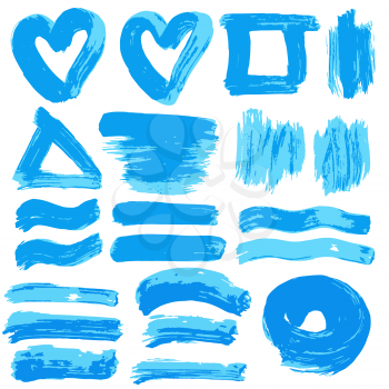 Collection of blue paint, ink, brush strokes, brushes, lines, grungy. Waves, circles, heart. Dirty elements of decoration, boxes, frames. Vector illustration Isolated over white background Freehand drawing