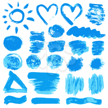 Collection of blue paint, ink, brush strokes, brushes, lines, grungy. Waves, circles, heart. Dirty elements of decoration boxes frames Vector illustration Freehand